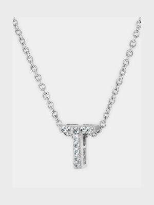 CZ Initial Necklace T Silver Plated