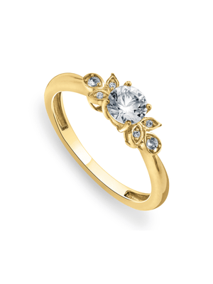 Yellow Gold Created Sapphire & Diamond Round Petal Women’s Ring