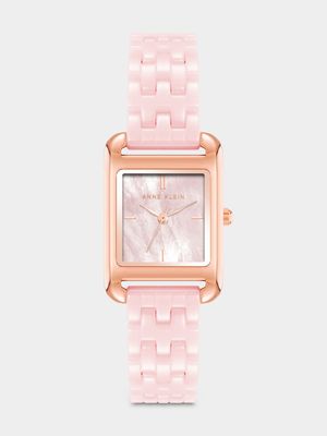 Anne Klein Rose Plated Rectangular Pink Ceramic Bracelet Watch