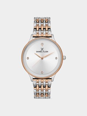 Daniel Klein Rose Plated Silver Dial Two-Tone Bracelet Watch