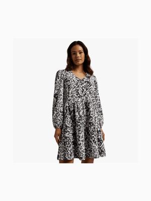 Women's Grey & White Print Tiered Babydoll Dress
