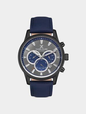 Daniel Klein Gunmetal Plated Grey Dial Blue Leather Chronograph Watch