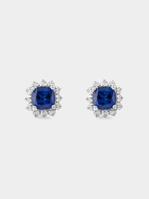 Sterling Silver Created Blue Sapphire Cushion Halo Stud Earrings