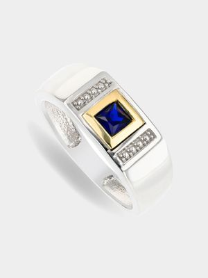 Sterling Silver & 5ct Yellow Gold , Created Blue Sapphire Men’s Ring
