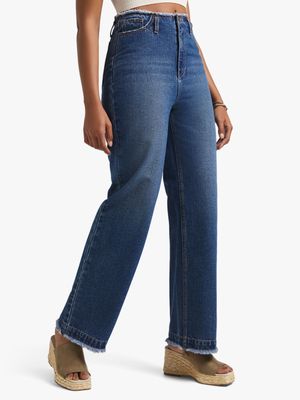 Women's Medium Wash Frayed Wide leg Jeans