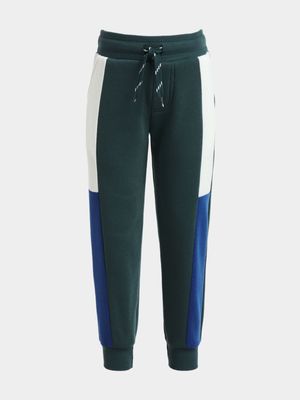 Younger Boy's Blue, White & Green Colour Block Joggers