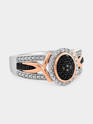 Rose Gold & Sterling Silver Black Diamond & Created Sapphire Oval Halo Ring