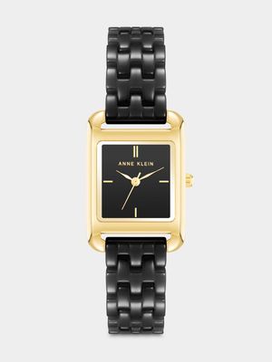 Anne Klein Gold Plate Rectangular Black Ceramic Bracelet Watch