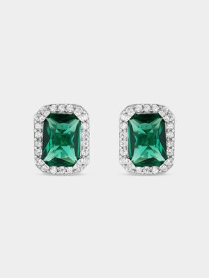Sterling Silver Green Cubic Zirconia Emerald-Cut Halo Stud Earrings
