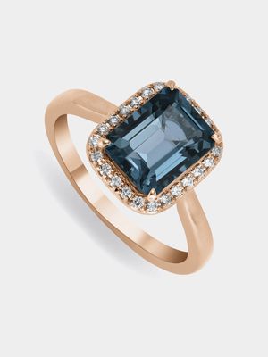 9ct Rose Gold Blue Topaz & Diamond Ring
