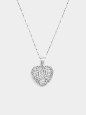 Sterling Silver Cubic Zirconia Pavé Puff Heart Pendant
