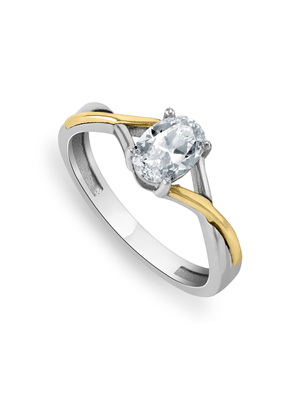Yellow Gold & Sterling Silver Cubic Zirconian Woman's Twist Solitaire Ring