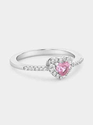 Sterling Silver Pink Cubic Zirconia Heart Halo Ring