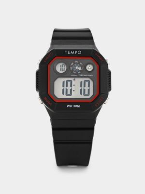 Tempo Men’s Black & Red Square Digital Resin Watch