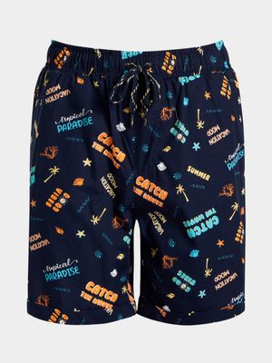 Younger Boy's Navy Waves Print Poplin Shorts