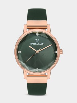 Daniel Klein Rose Plated Green Dial Green Leather Watch