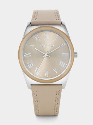 Tempo Silver Plated Beige Dial Sand Leather Watch