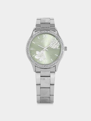 Tempo Women’s Silver Plated Green Botanical Dial Bracelet Watch