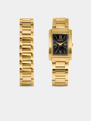 Tempo Men’s Gold Plated & Black Dial Rectangle Bracelet Watch Set