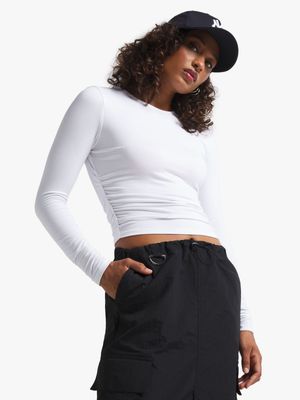 Women's White Crew Neck with Side Ruching Top
