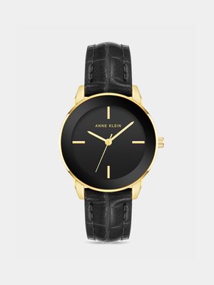 Anne Klein Gold Plated & Vegan Black Leather  Watch
