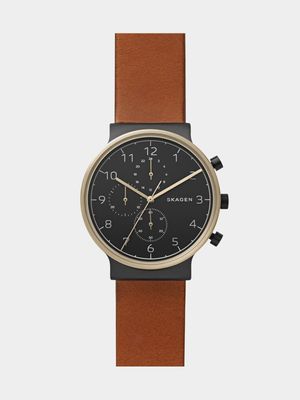 Skagen Men's Ancher Gold Plated Stainless & Brown Leather Chronograph Watch