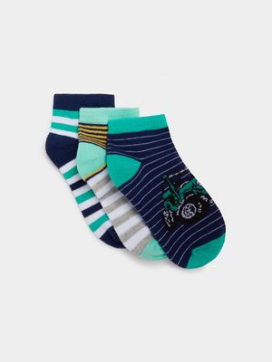 Boy's Green & White Striped 3-Pack Trainer Socks