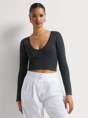 Y&G Faded Seamless Long Sleeve V-neck Top