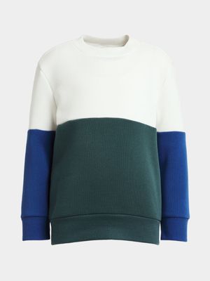 Younger Boy's Blue, White & Green Colour Block Sweat Top