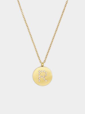 18ct Gold Plated Waterproof Stainless Steel CZ R Initial on Disk Pendant