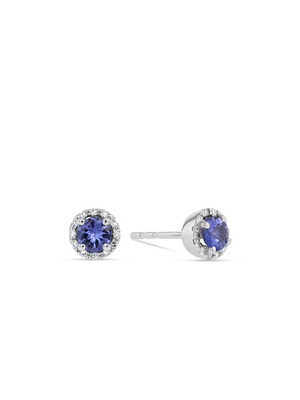 White Gold Diamond & Tanzanite Cushion Halo Women’s Stud Earrings