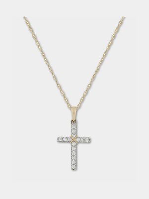 Yellow Gold & Sterling Silver, , Cubic Zirconia Cross on a chain.