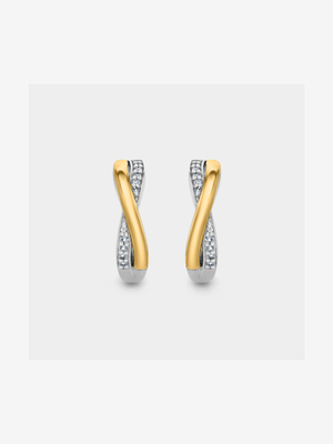 Yellow Gold & Sterling Silver Diamond & Created White Sapphire Crossover Hoop Earrings