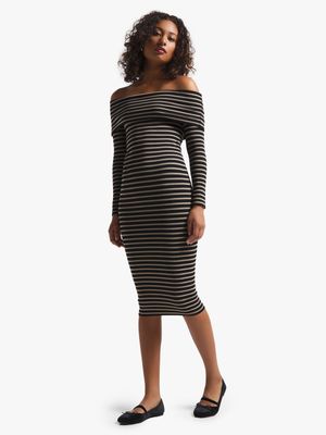 Women's Black & Tan Striped Bardot Dress
