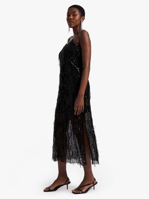 Luella Women's Sequin Fringe Black Slip Dress Midi