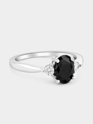 Sterling Silver Black Cubic Zirconia Oval Trilogy Ring