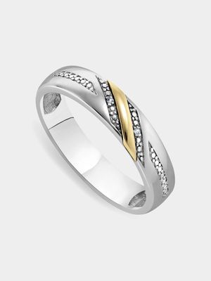 Yellow Gold & Sterling Silver Men's Beaded & Diamond Wedding Band