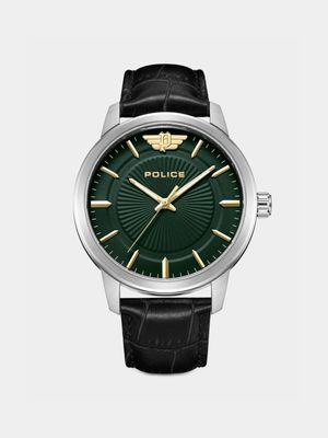 Police Men’s Raho Silver Plated Green Dial Black Leather Watch