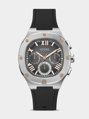 Guess Headline Silver Plated Black Silicone Chronograph Watch