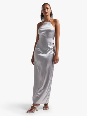 Women's Silver Satin Halterneck Maxi Dress