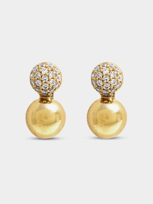 18ct Gold Plated CZ Pave Disk Gold Ball Drop Earrings