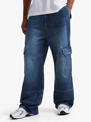 Men's Medium Wash Baggy Cargo Jeans