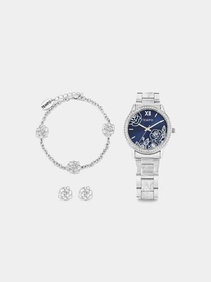 Tempo Silver Plated Floral Bracelet Watch & Flower Bracelet Set