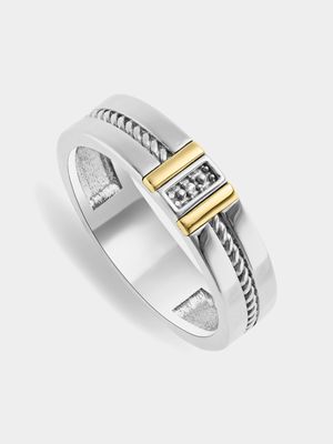 Yellow Gold & Sterling Silver Diamond Rope Detail Men's Wedding Band