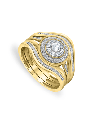 Yellow Gold Diamond & Created Sapphire Round Triple Set Ring