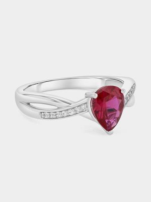 Sterling Silver Diamond & Created Ruby Pear Ring