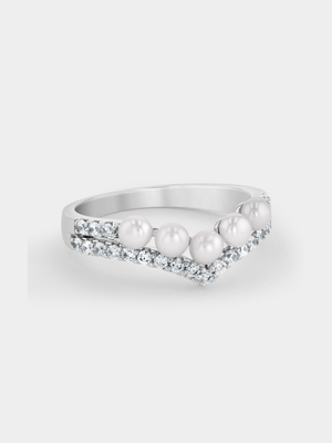 Cheté Sterling Silver Pearl Cubic Zirconia Women’s Double Wishbone Ring