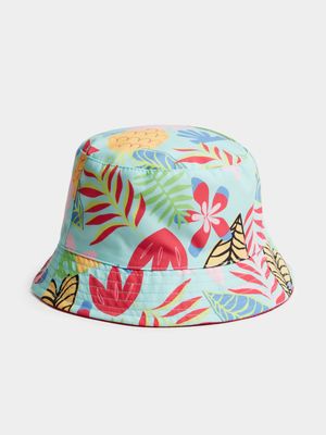 Girl's Blue Tropical Print Reversible Bucket Hat