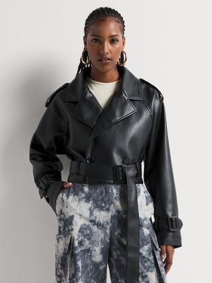 Y&G Pleather Cropped Belted Jacket