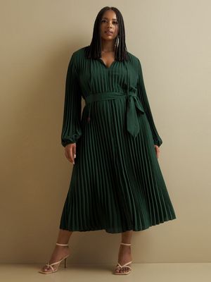 Women's Iconography Pleated Belted Midi Dress Emerald